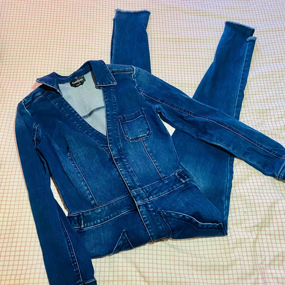BEBE long sleeve denim jumpsuit